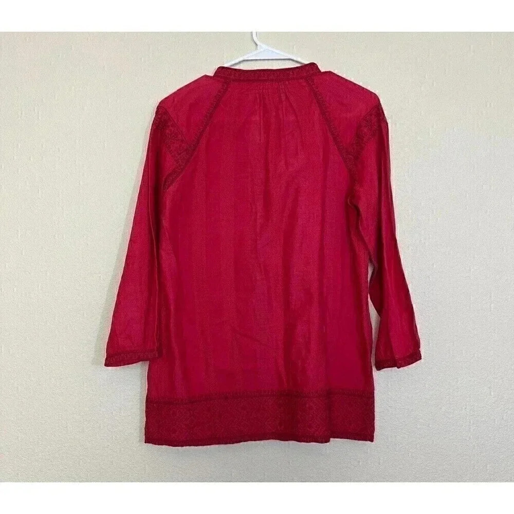 Madewell Women's Top Size XXS Red Embroidered 3/4 Sleeve Tassel Holiday - Picture 4 of 11